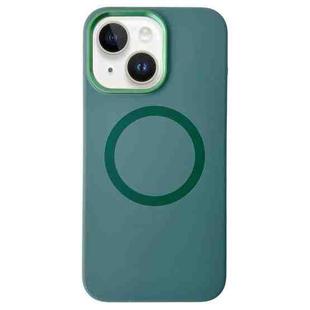 For iPhone 14 / 13 Metal Frame Liquid Silicone MagSafe Phone Case(Deep Green)