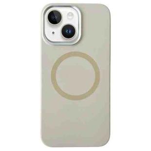 For iPhone 14 / 13 Metal Frame Liquid Silicone MagSafe Phone Case(Milk Tea White)