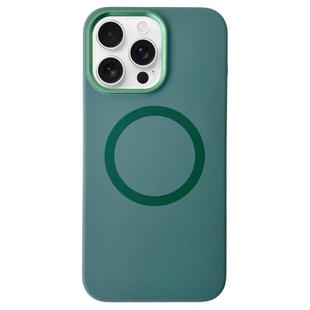 For iPhone 14 Pro Metal Frame Liquid Silicone MagSafe Phone Case(Deep Green)