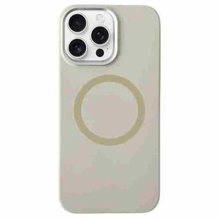 For iPhone 14 Pro Max Metal Frame Liquid Silicone MagSafe Phone Case(Milk Tea White)