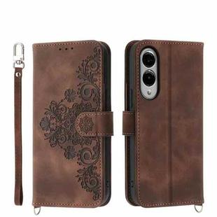 For Samsung Galaxy S25 Edge 5G Skin Feel Flowers Embossed Wallet Leather Phone Case(Brown)