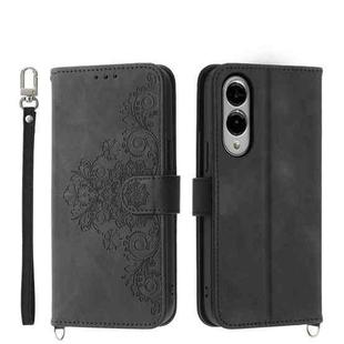 For Samsung Galaxy S25 Edge 5G Skin Feel Flowers Embossed Wallet Leather Phone Case(Black)