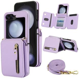 For Samsung Galaxy Z Flip5 Crossbody Zipper Dual Buckle Card Bag Folding Phone Case(Light Purple)
