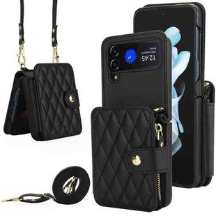 For Samsung Galaxy Z Flip4 Crossbody Rhombus Wallet Bag Folding Phone Case with Lanyard(Black)