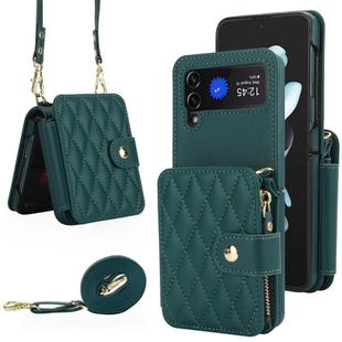 For Samsung Galaxy Z Flip4 Crossbody Rhombus Wallet Bag Folding Phone Case with Lanyard(Green)
