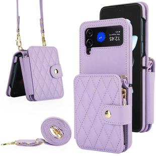 For Samsung Galaxy Z Flip4 Crossbody Rhombus Wallet Bag Folding Phone Case with Lanyard(Light Purple)