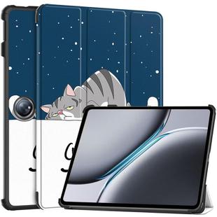 For OnePlus Pad 2 Custer Painted 3-Fold Holder Smart Leather Tablet Case(Lazy Cat)