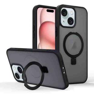 For iPhone 15 Skin-feel Ring MagSafe Holder Phone Case(Black)