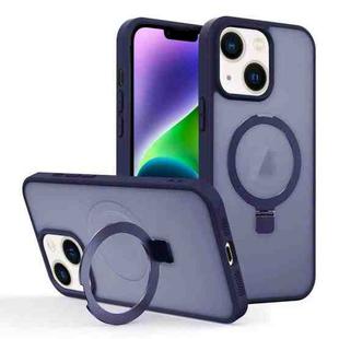 For iPhone 14 Plus Skin-feel Ring MagSafe Holder Phone Case(Dark Blue)