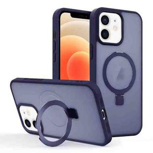 For iPhone 12 Skin-feel Ring MagSafe Holder Phone Case(Dark Blue)