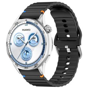 22mm Silver Steel Buckle Wavy Grain Stitched Silicone Watch Band(Black)