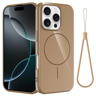 For iPhone 16 Pro Max Glossy TPU Shockproof MagSafe Phone Case with Lanyard(Gold)