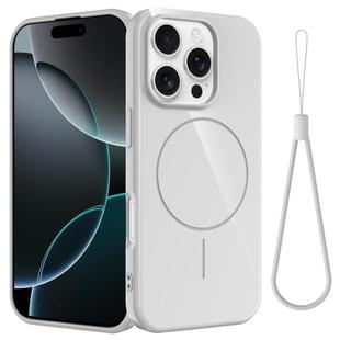 For iPhone 16 Pro Max Glossy TPU Shockproof MagSafe Phone Case with Lanyard(White)