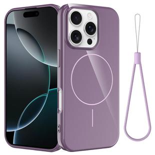 For iPhone 16 Pro Glossy TPU Shockproof MagSafe Phone Case with Lanyard(Purple)