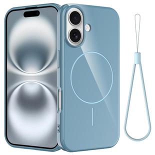 For iPhone 16 Plus Glossy TPU Shockproof MagSafe Phone Case with Lanyard(Blue)