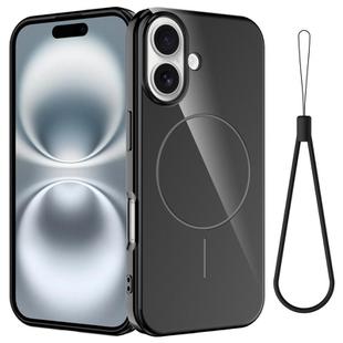 For iPhone 16 Plus Glossy TPU Shockproof MagSafe Phone Case with Lanyard(Black)