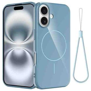 For iPhone 16 Glossy TPU Shockproof MagSafe Phone Case with Lanyard(Blue)