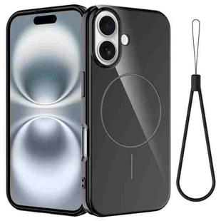 For iPhone 16 Glossy TPU Shockproof MagSafe Phone Case with Lanyard(Black)