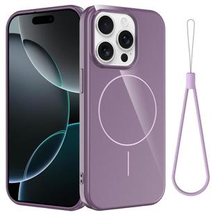 For iPhone 15 Pro Max Glossy TPU Shockproof MagSafe Phone Case with Lanyard(Purple)