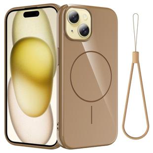 For iPhone 15 Plus Glossy TPU Shockproof MagSafe Phone Case with Lanyard(Gold)
