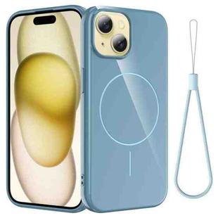 For iPhone 15 Glossy TPU Shockproof MagSafe Phone Case with Lanyard(Blue)
