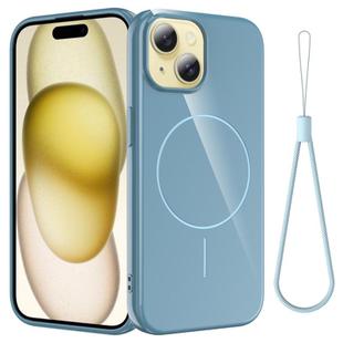 For iPhone 14 Glossy TPU Shockproof MagSafe Phone Case with Lanyard(Blue)