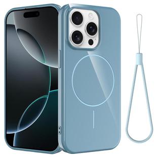 For iPhone 14 Pro Max Glossy TPU Shockproof MagSafe Phone Case with Lanyard(Blue)