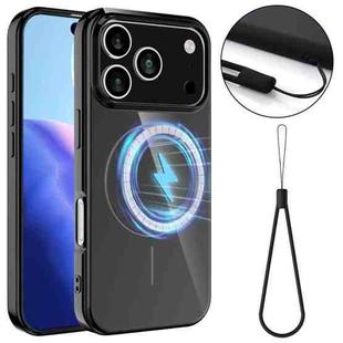 For iPhone 17 Pro Max Glossy TPU Shockproof MagSafe Phone Case with Lanyard(Black)