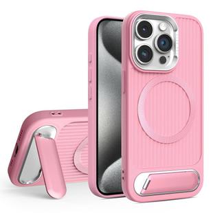 For iPhone 15 Pro Vertical Lines Invisible Flat Holder MagSafe Phone Case(Pink)