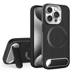 For iPhone 15 Pro Vertical Lines Invisible Flat Holder MagSafe Phone Case(Black)