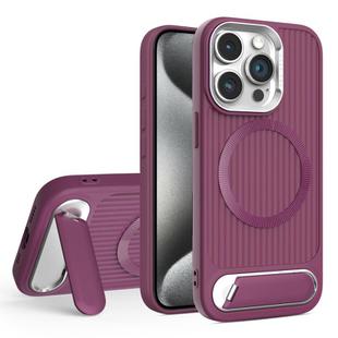 For iPhone 15 Pro Vertical Lines Invisible Flat Holder MagSafe Phone Case(Wine Red)