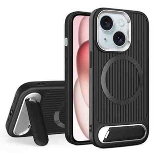 For iPhone 15 Vertical Lines Invisible Flat Holder MagSafe Phone Case(Black)