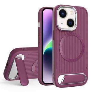For iPhone 14 Plus Vertical Lines Invisible Flat Holder MagSafe Phone Case(Wine Red)