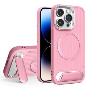 For iPhone 14 Pro Max Vertical Lines Invisible Flat Holder MagSafe Phone Case(Pink)