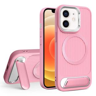 For iPhone 12 Vertical Lines Invisible Flat Holder MagSafe Phone Case(Pink)