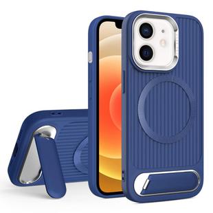 For iPhone 12 Vertical Lines Invisible Flat Holder MagSafe Phone Case(Blue)