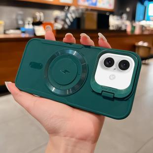For iPhone 16 Plus Lens Frame Holder Blade MagSafe Phone Case(Deep Green)