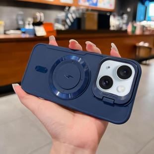 For iPhone 15 Plus Lens Frame Holder Blade MagSafe Phone Case(Dark Blue)