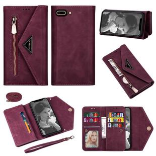 For iPhone 7 Plus / 8 Plus Skin Feel Zipper Horizontal Flip Leather Case with Holder & Card Slots & Photo Frame & Lanyard & Long Rope(Wine Red)