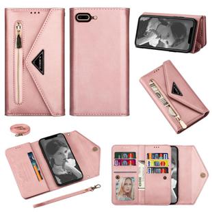 For iPhone 7 Plus / 8 Plus Skin Feel Zipper Horizontal Flip Leather Case with Holder & Card Slots & Photo Frame & Lanyard & Long Rope(Rose Gold)