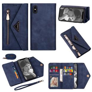 For iPhone XS / X Skin Feel Zipper Horizontal Flip Leather Case with Holder & Card Slots & Photo Frame & Lanyard & Long Rope(Blue)