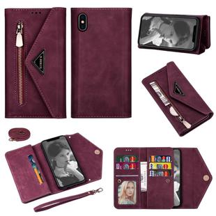 For iPhone XS / X Skin Feel Zipper Horizontal Flip Leather Case with Holder & Card Slots & Photo Frame & Lanyard & Long Rope(Wine Red)