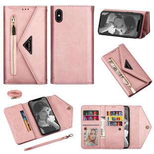 For iPhone XS / X Skin Feel Zipper Horizontal Flip Leather Case with Holder & Card Slots & Photo Frame & Lanyard & Long Rope(Rose Gold)