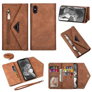 For iPhone XR Skin Feel Zipper Horizontal Flip Leather Case with Holder & Card Slots & Photo Frame & Lanyard & Long Rope(Brown)