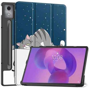 For Lenovo Idea Tab Pro Custer Painted 3-Fold Holder Leather Smart Tablet Case(Lazy Cat)