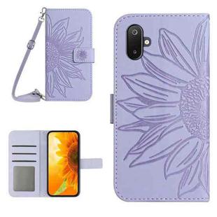 For Samsung Galaxy F06 5G / M06 5G Skin Feel Sun Flower Embossed Flip Leather Phone Case with Lanyard(Purple)