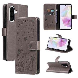 For Samsung Galaxy A36 5G / M56 5G Cat and Bee Embossed Flip Leather Phone Case(Grey)