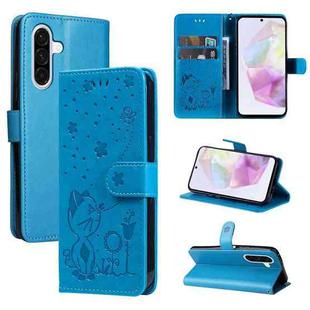 For Samsung Galaxy A56 5G Cat and Bee Embossed Flip Leather Phone Case(Blue)