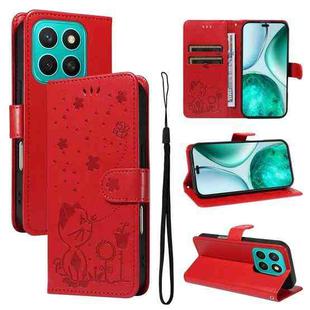 For Honor X8c 4G Global Cat and Bee Embossed Flip Leather Phone Case(Red)