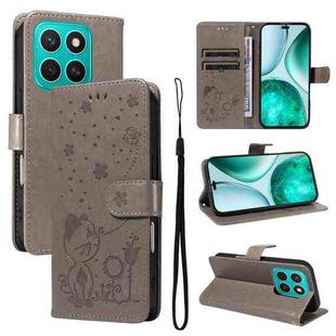 For Honor X8c 4G Global Cat and Bee Embossed Flip Leather Phone Case(Grey)